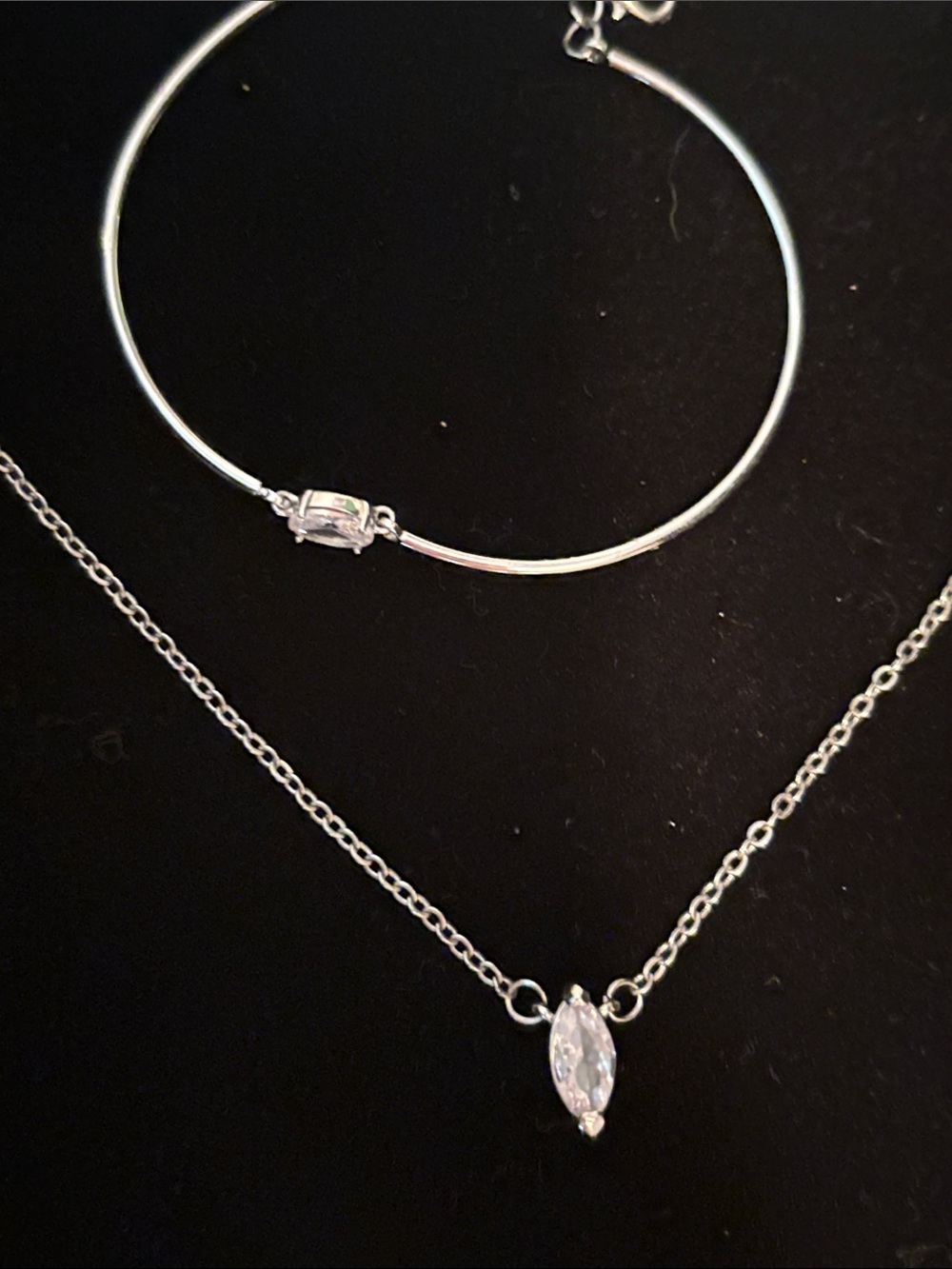Silver Marquise Pendant Necklace and Bracelet Set - Women's Jewelry